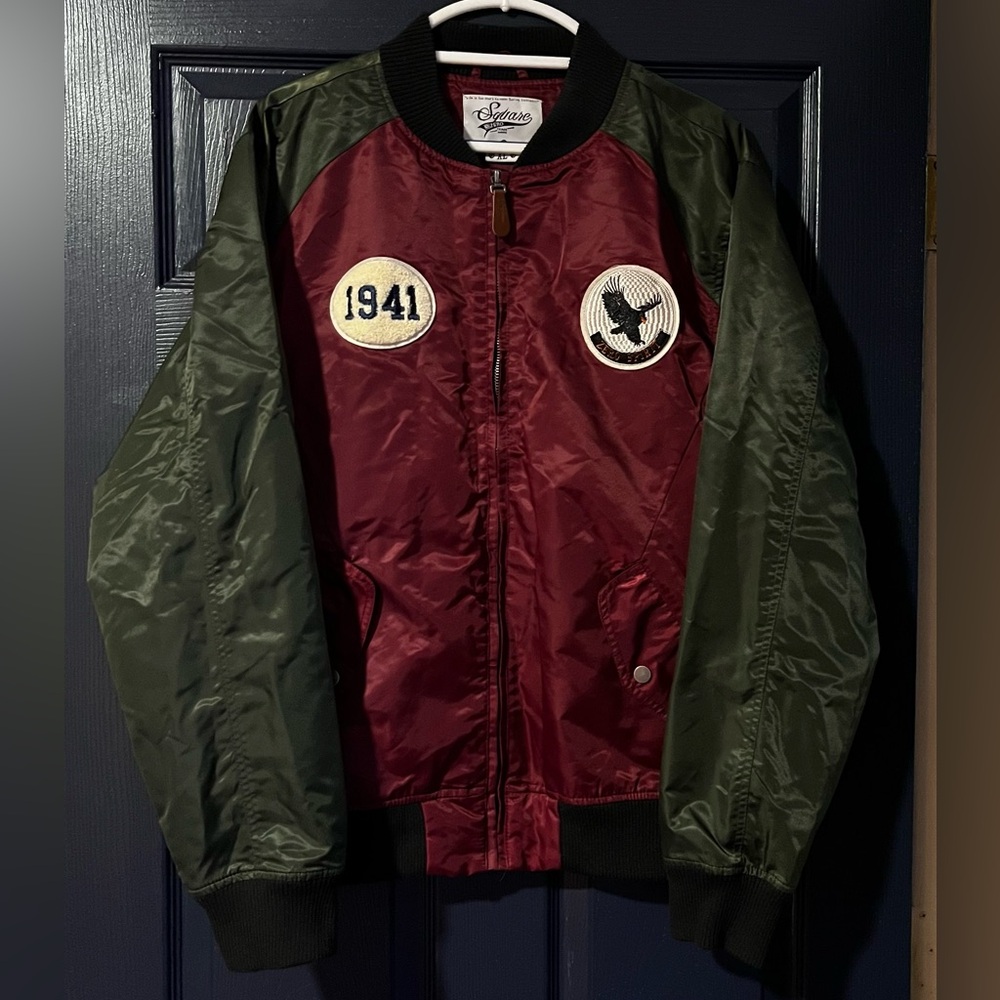 Square Zero XL Bomber Jacket Burgundy Olive 1941 Eagle Patch - Picture 3 of 13